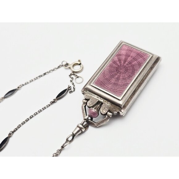 Vintage Art Deco Sterling Silver Black & Purple Enamel Pendant Watch Necklace - Picture 8 of 16